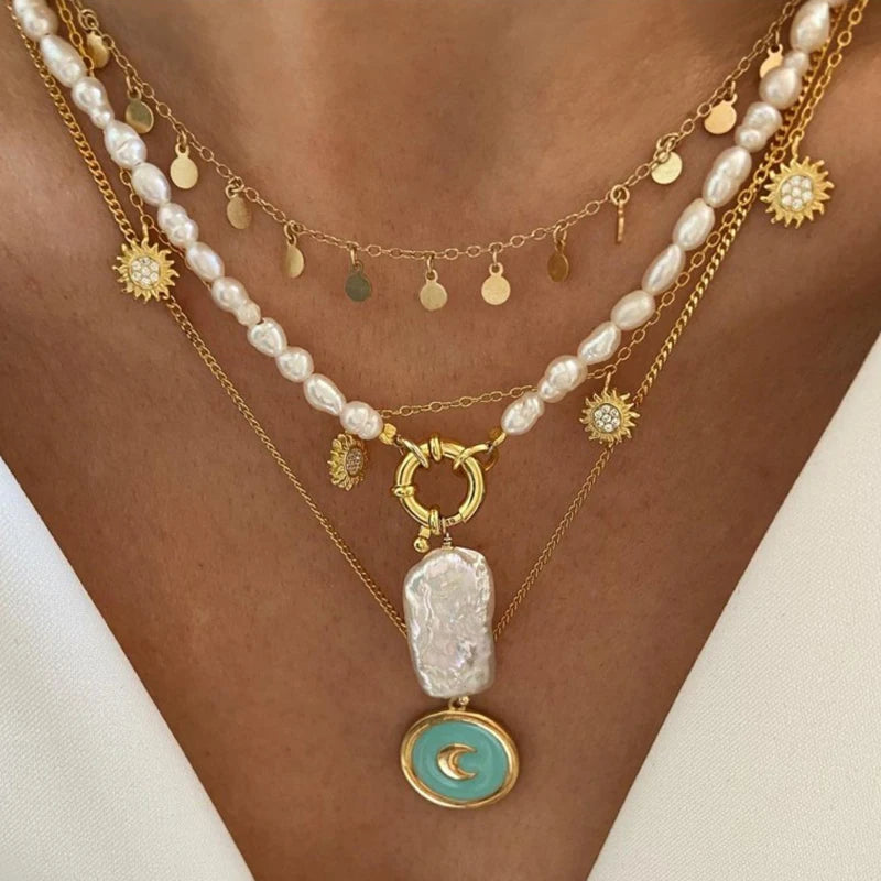 Enamel Star&Moon Gold Plated Necklaces